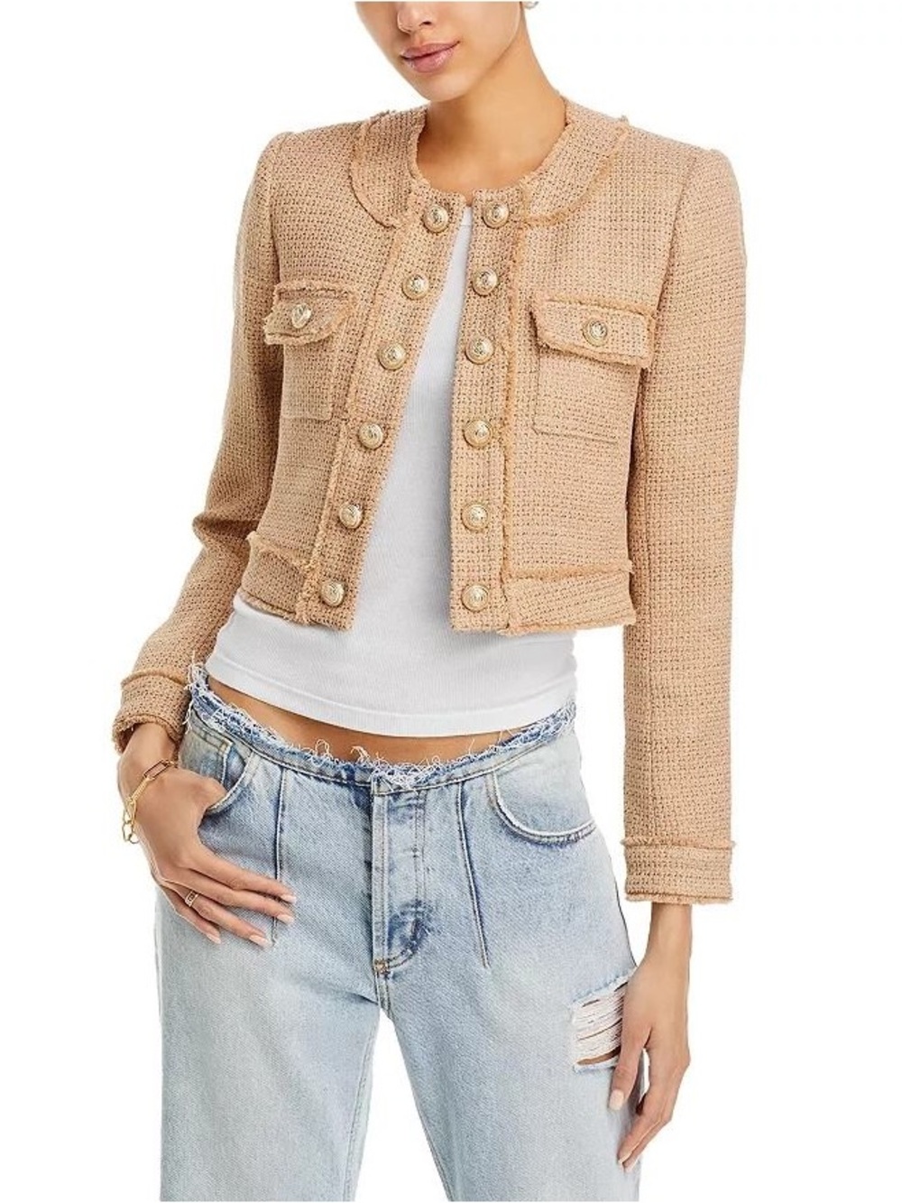 Generation Love Venice Tweed Beige Cropped Jacket with Gold Buttons